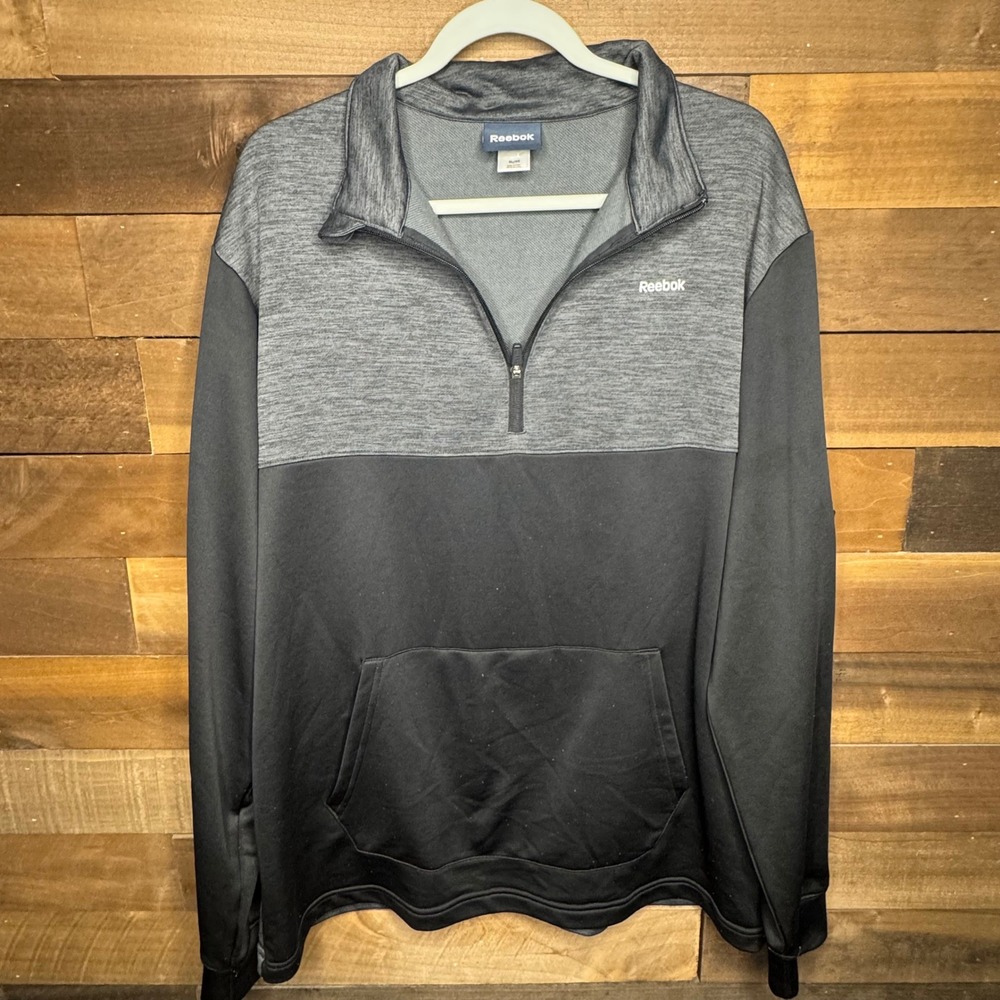 Reebok Mens Quarter Zip Pullover Hoodie Fleece Sweatshirt Gray Black XL